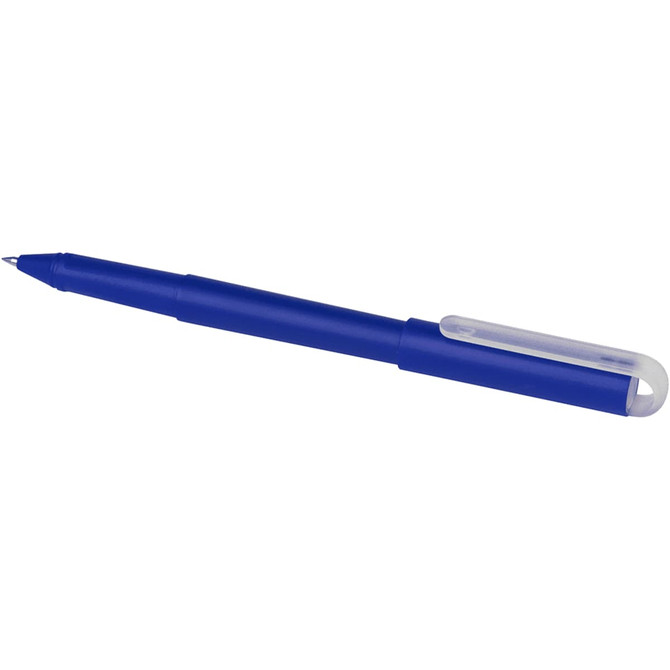 A blue recycled PET gel rollerball pen with a clear clip and a simple design. It features a logo on the barrel.