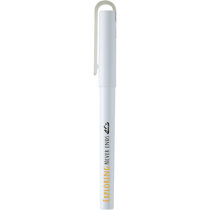 A white gel rollerball pen, featuring a clip and logo, with a sleek design.