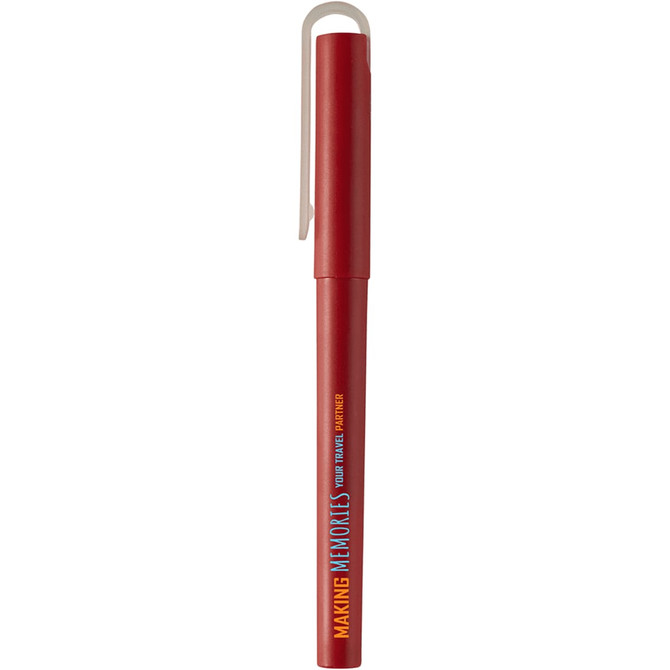 A red rollerball pen with a clip, featuring a logo and text design.