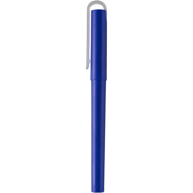 A blue gel rollerball pen with a white clip, featuring a branding logo.