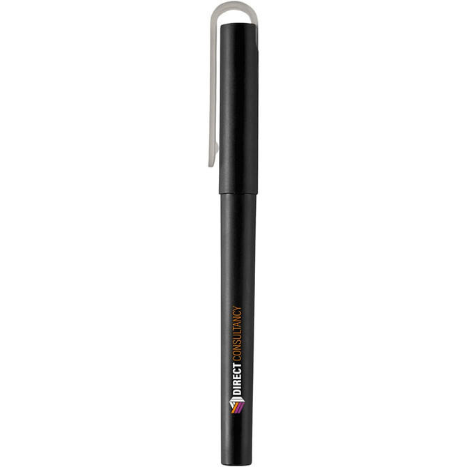A black gel rollerball pen with a clip, featuring a logo on the barrel.