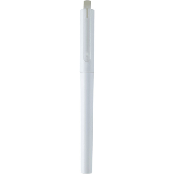 A white gel rollerball pen made from recycled PET, featuring a clip and a simple design, with a logo.