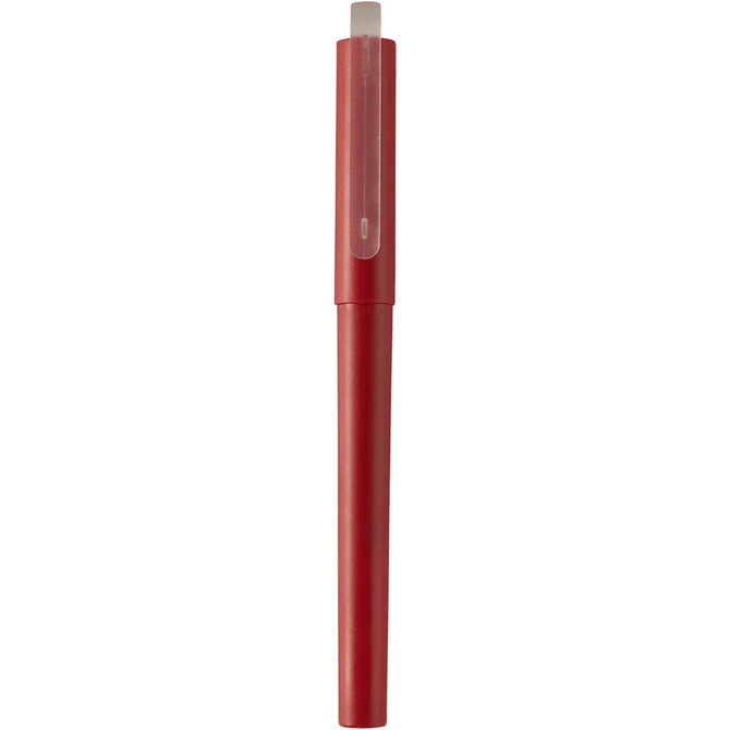 A red gel rollerball pen with a transparent cap and a sleek design. It features a logo on the body.