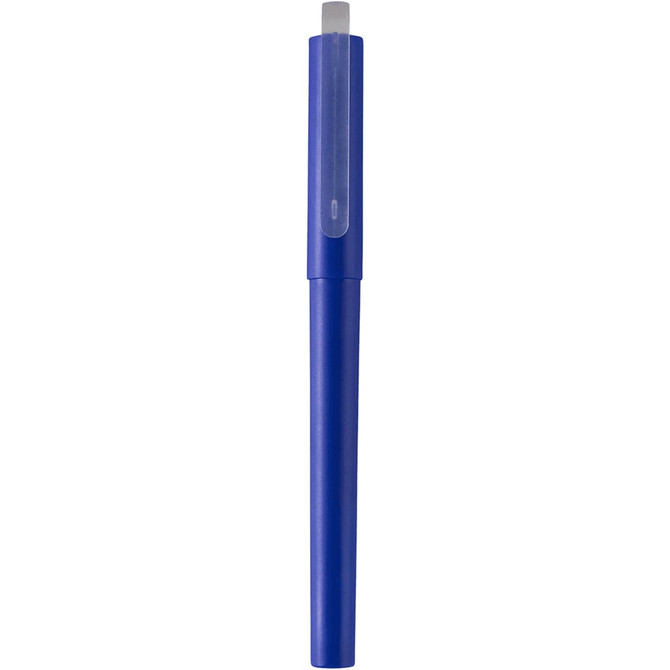 A blue gel rollerball pen with a transparent cap and a co-branded logo.