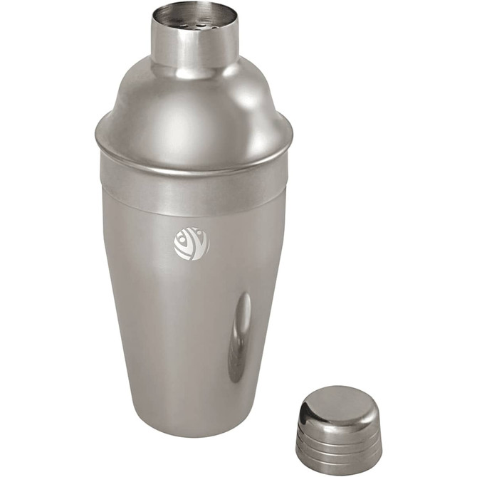 A stainless steel cocktail shaker in a silver finish, with a logo and a removable cap.