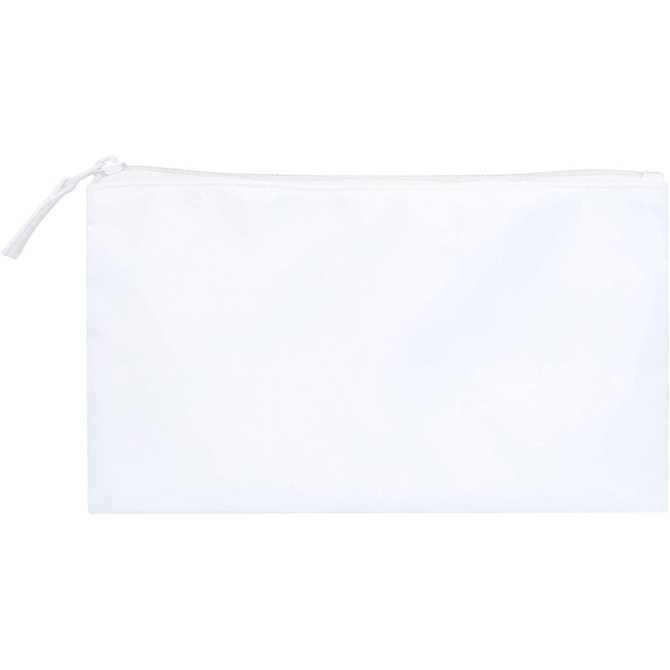 A white toiletry bag with a zipper closure, featuring a simple design and a branding logo.