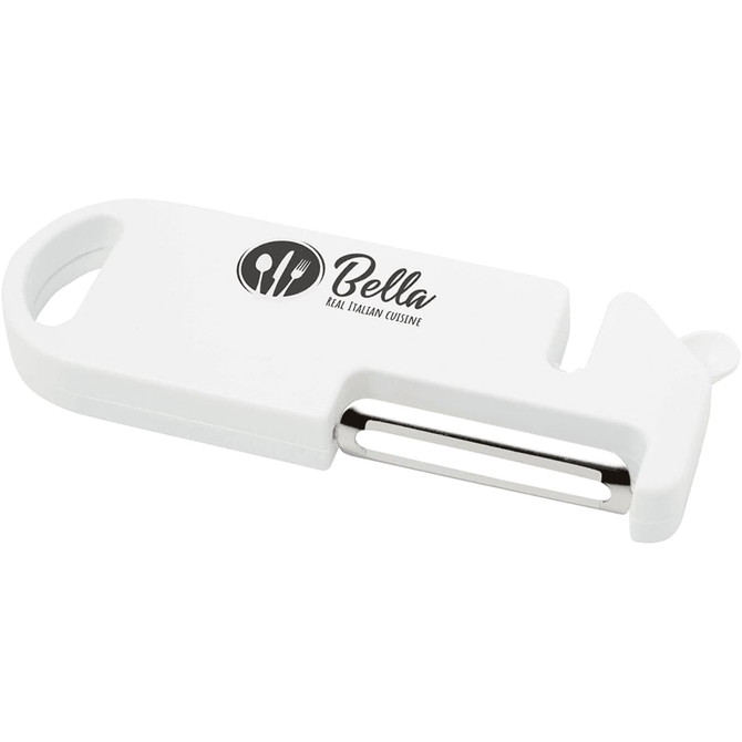A white multi-purpose kitchen tool with a peeler and a logo.