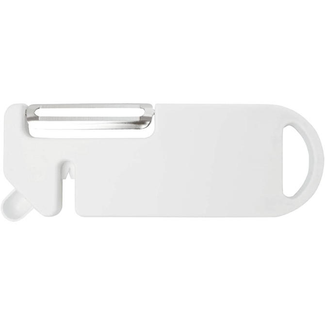 A white multi-purpose kitchen tool with a peeler and a handle. It has a simple, sleek design.