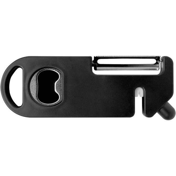 A black multi-purpose kitchen tool featuring a bottle opener, peeler, and built-in measuring tool. It has a compact design.