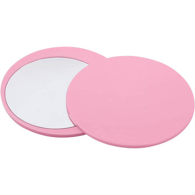 A pink round makeup mirror with a smooth exterior, featuring a reflected side and a plain side.