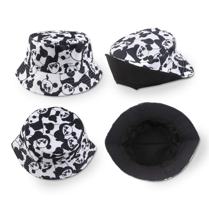 A black and white sublimation bucket hat featuring a panda pattern, shown from multiple angles. The interior is black.