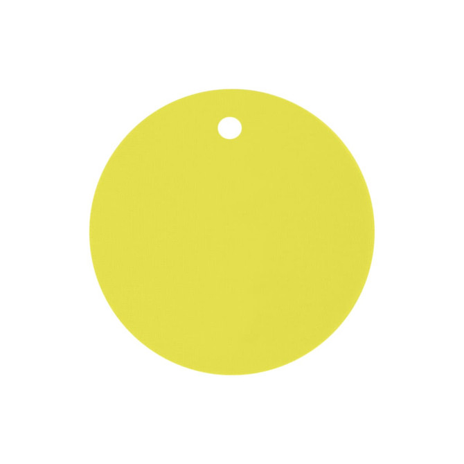 A drink bottle cover in bright yellow, circular shape with a hole at the top for easy attachment.