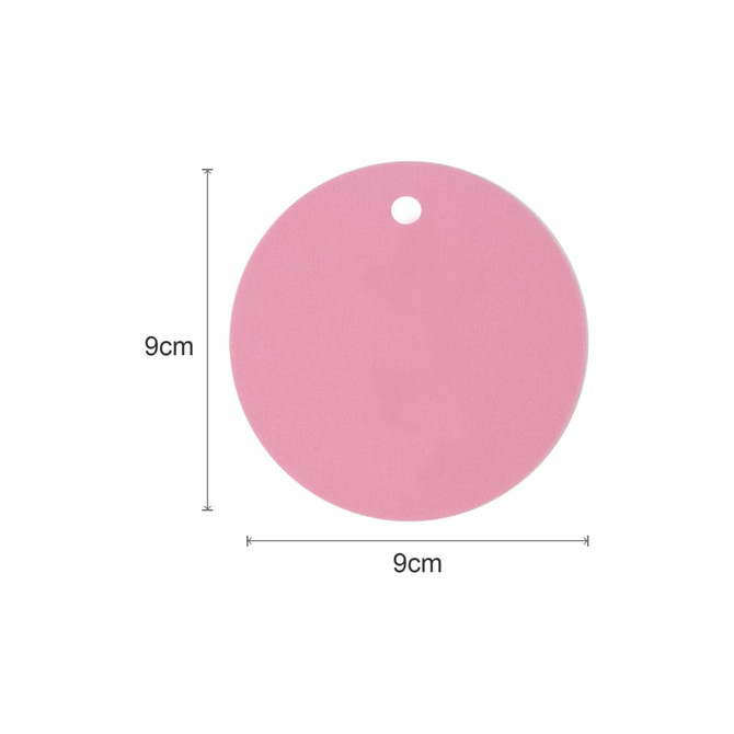 A drink bottle cover in a round, pink design, measuring 9cm in diameter, featuring a hole for attachment.