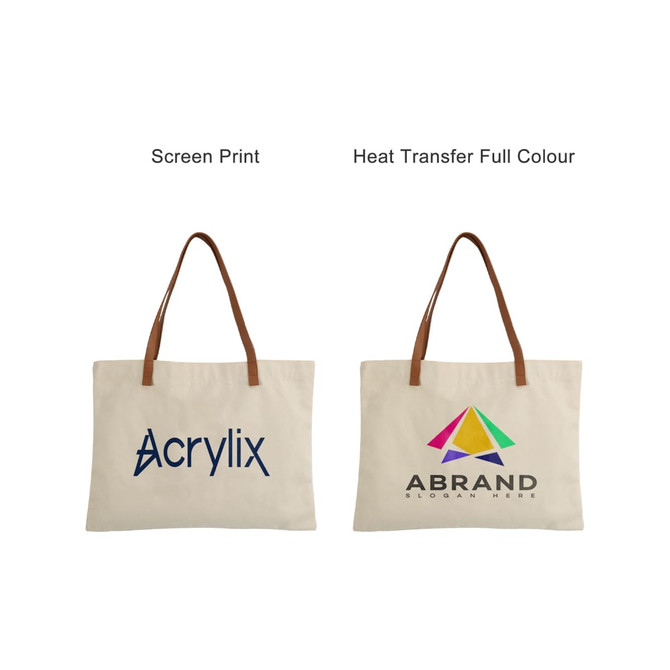 A beige canvas bag with brown leather straps, featuring printed logos on both sides.