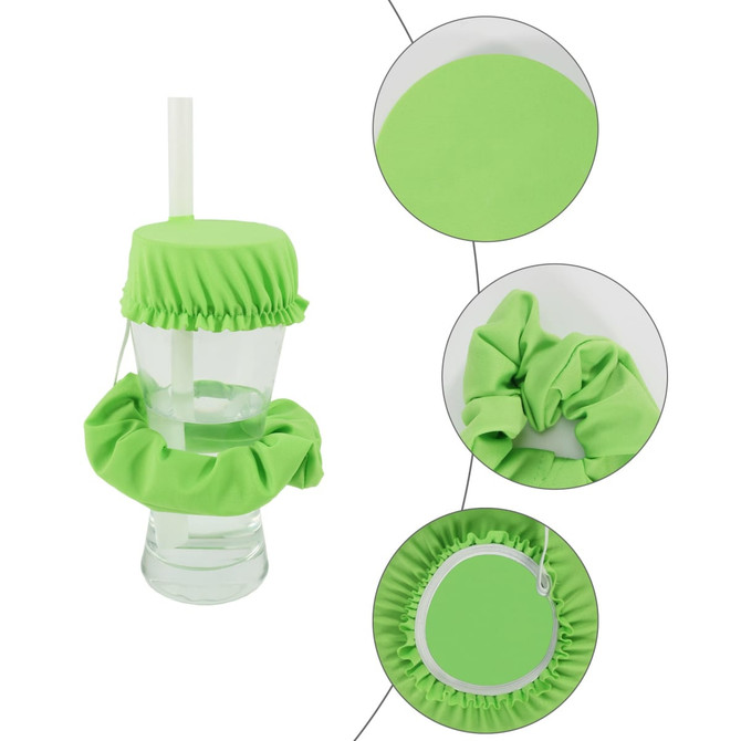 A drink bottle with a green scrunchie cover and matching lid. Includes a straw and elastic design.