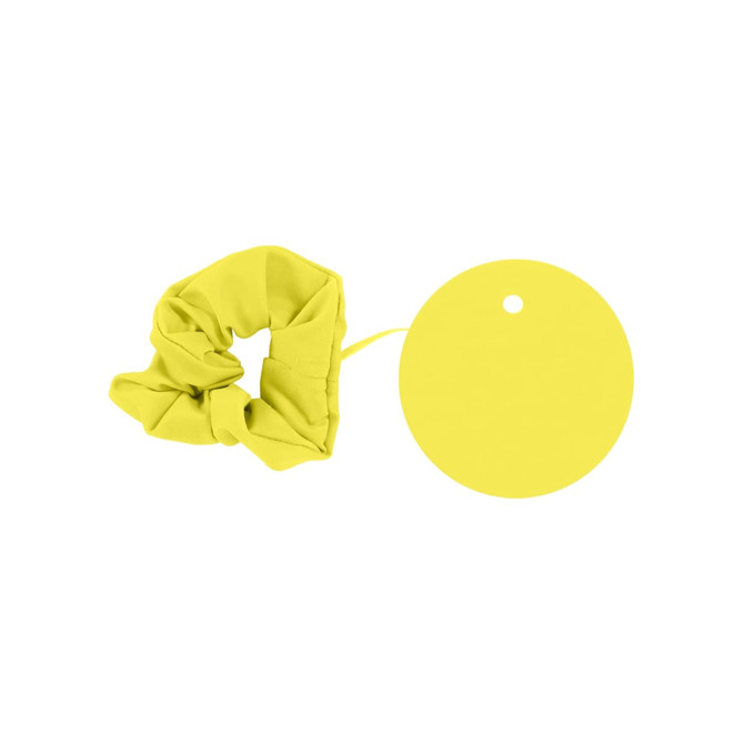 A drink bottle cover made of bright yellow fabric, accompanied by a circular tag.