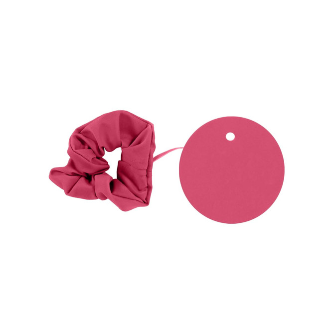 A drink bottle scrunchie in a vibrant pink colour, accompanied by a round tag.