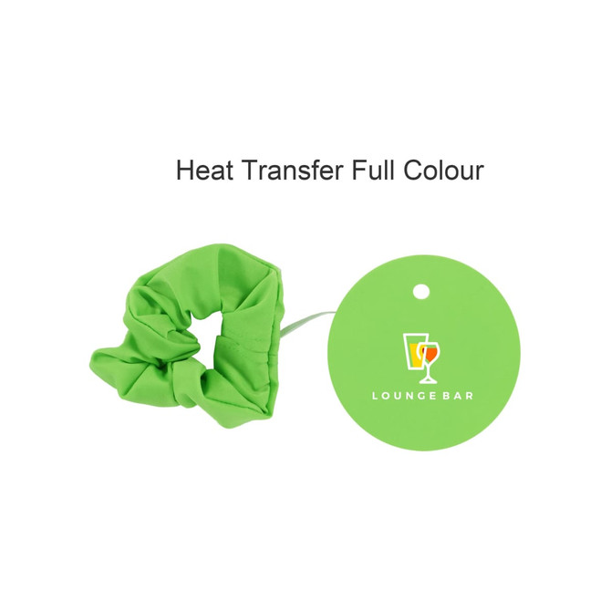 A drink cover scrunchie in bright green with a tag featuring a logo.
