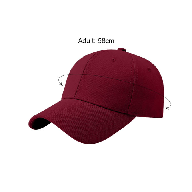 A maroon cotton baseball cap with a hard top and a logo, designed for adults.