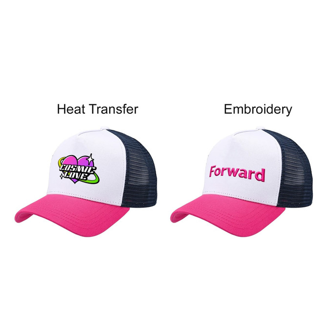 A pink and white trucker hat with a logo on the front and a navy mesh back.