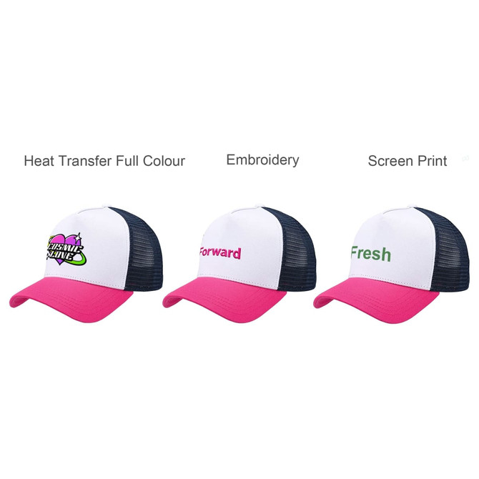 A trio of trucker hats featuring a white front with pink brims and black mesh backs, showcasing different designs.