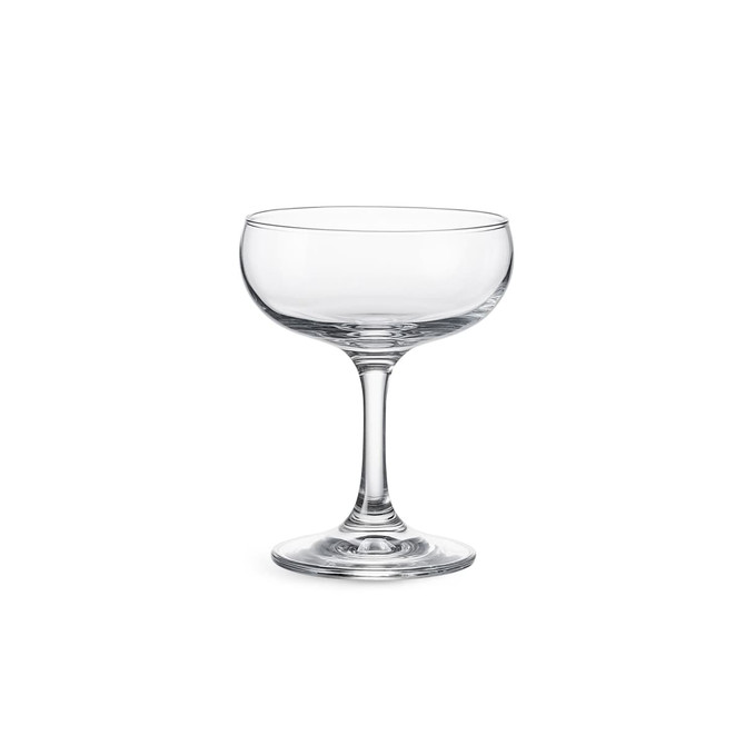 A clear glass martini coupe with a wide bowl and slender stem, featuring a smooth and elegant design.