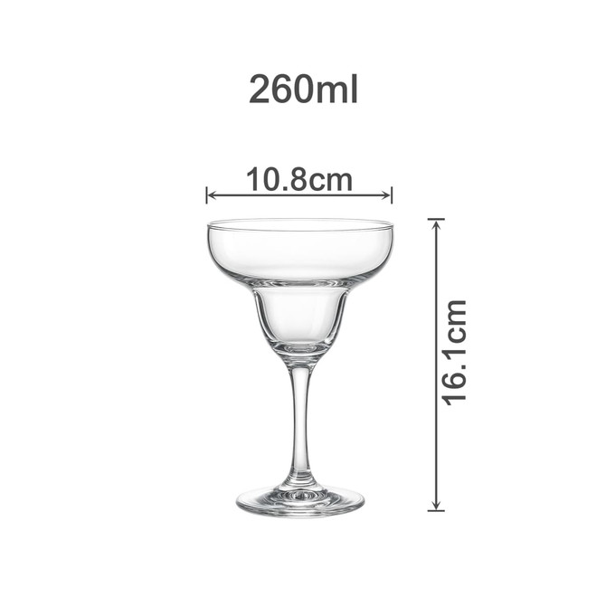 A clear glass Margarita glass with a capacity of 260ml and dimensions of 10.8cm wide by 16.1cm tall.