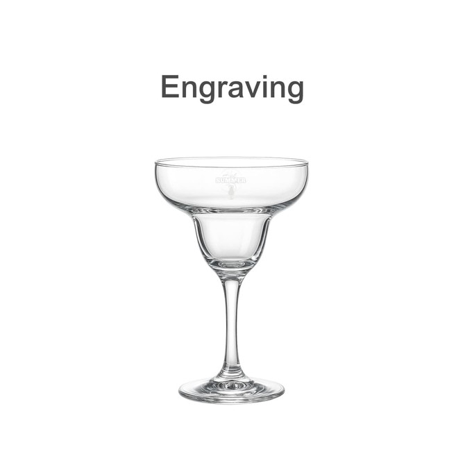 A clear glass margarita glass with a wide bowl and a tall stem. The glass features a logo.