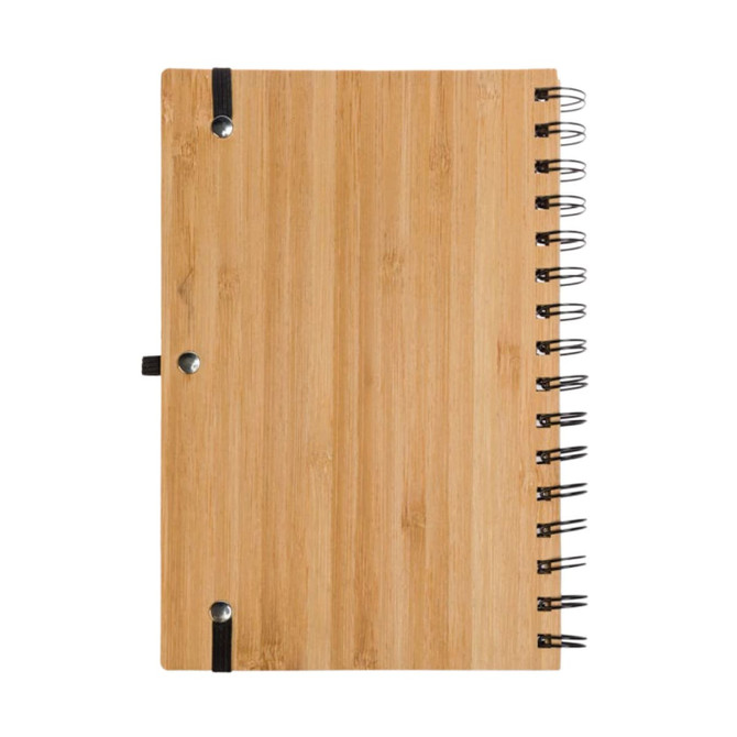 A bamboo notebook with a spiral binding and a black elastic band. It features a sleek and natural wood finish.