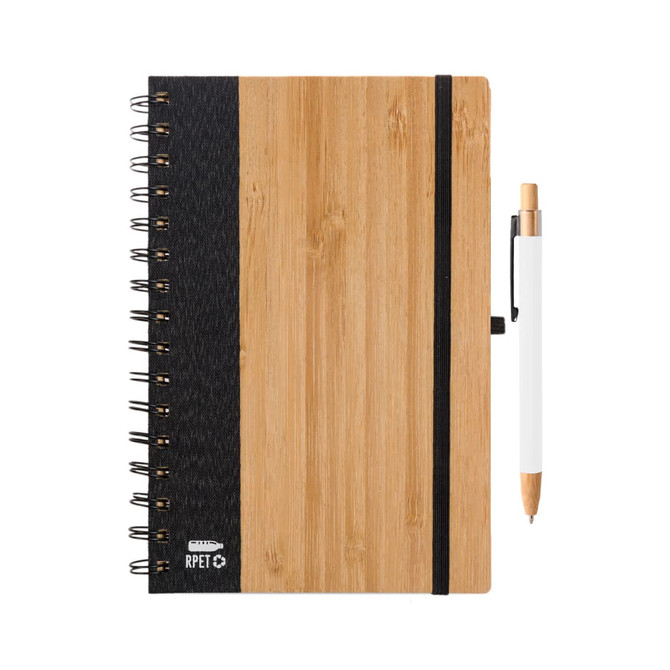 A notebook with a bamboo cover, black spine, and a white pen attached. The set features a logo.