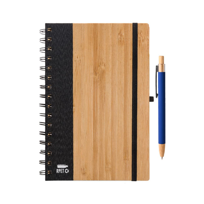 A bamboo-textured notebook with a black spine and a blue pen resting beside it, featuring a logo.