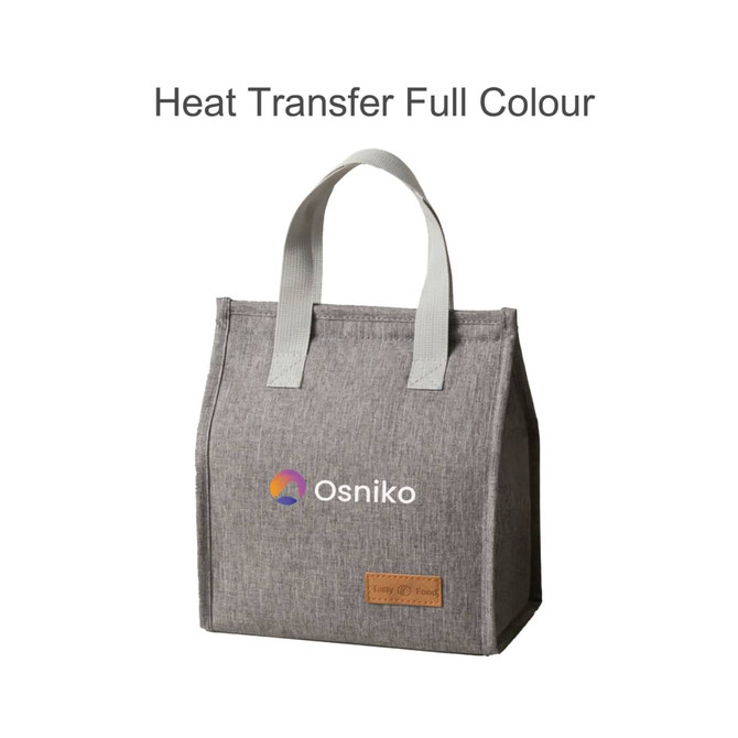 A grey minimalist lunch bag with a simple design, featuring handles and a logo on the front.