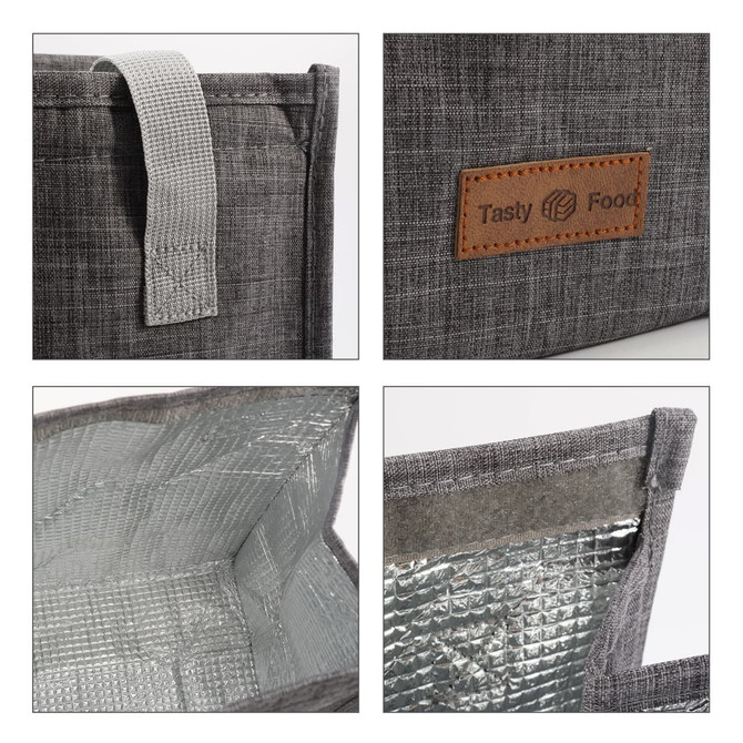 A grey minimalist lunch bag with a textured exterior, a leather-like tag, and a silver insulated interior.