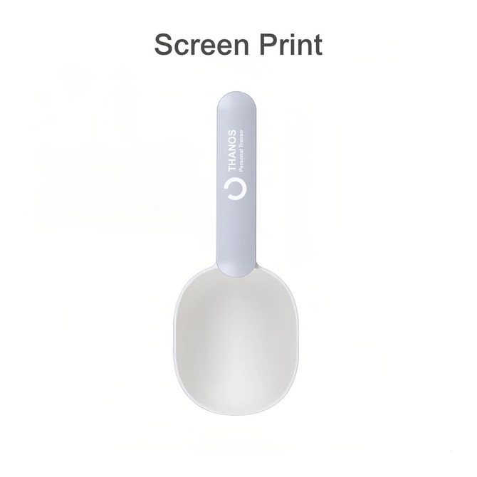 A pet food scoop in light grey and white with a logo on the handle.