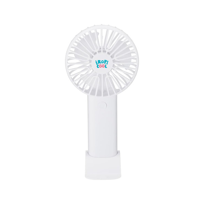 A portable white fan with a round design, featuring a logo on the front and a compact base for stability.