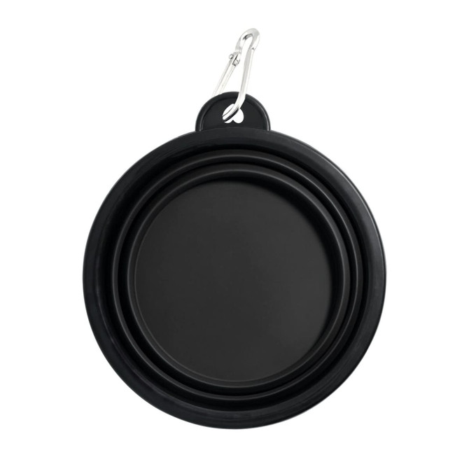 A black collapsible bowl with a carabiner attachment, featuring a circular design and smooth surface.