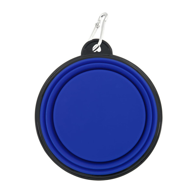 A blue collapsible bowl with a black rim, featuring a carabiner for attachment.