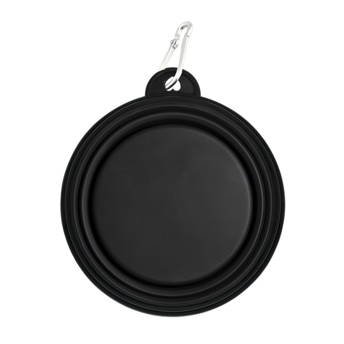 A black collapsible bowl with a carabiner clip for easy attachment. It features a circular design.