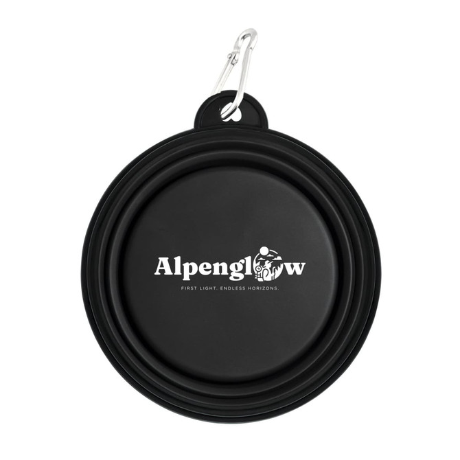 A black collapsible bowl with a carabiner attachment and a logo on the surface.