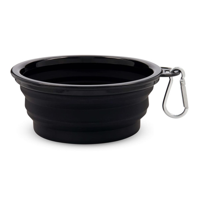 A black collapsible bowl with a silver carabiner attached, featuring a sleek design.