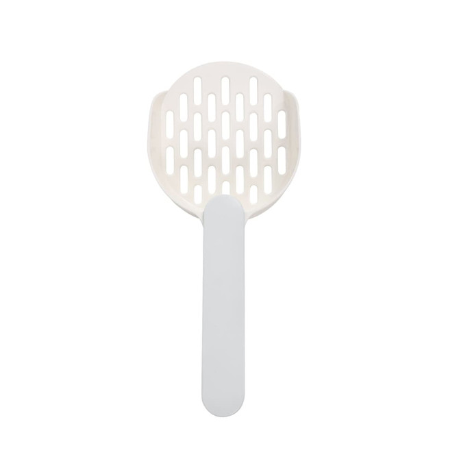 A cat litter scoop in white, featuring a flat, slotted shovel design with a sturdy handle.