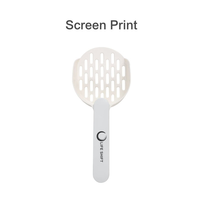 A cat litter scoop in white with a slotted head and a branded handle.