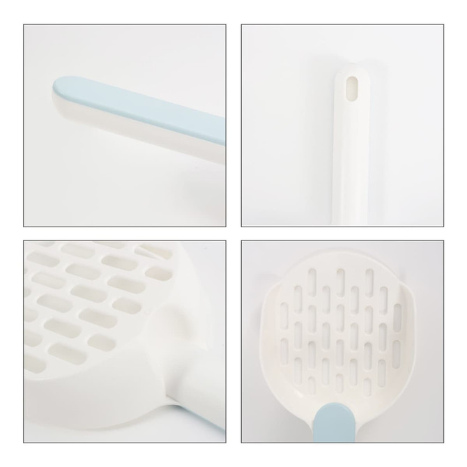 A cat litter scoop with a white body and a light blue handle, featuring a slotted design for easy sifting.