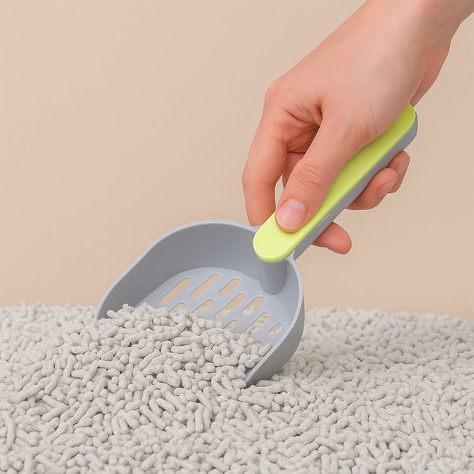 A grey cat litter scoop with a green handle, being used to lift litter from a pile of small grey pellets.