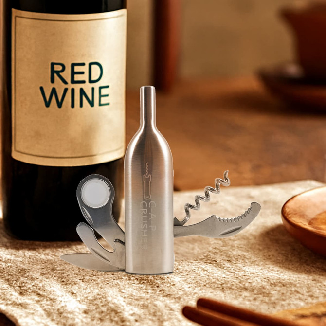 A drink bottle opener in silver, featuring a corkscrew, knife, and bottle cap remover, displayed with a wine bottle.