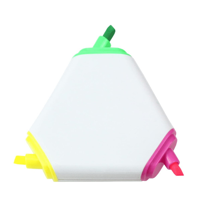 A triangular highlighter with four bright colours: pink, yellow, green, and orange. It has a logo on the side.