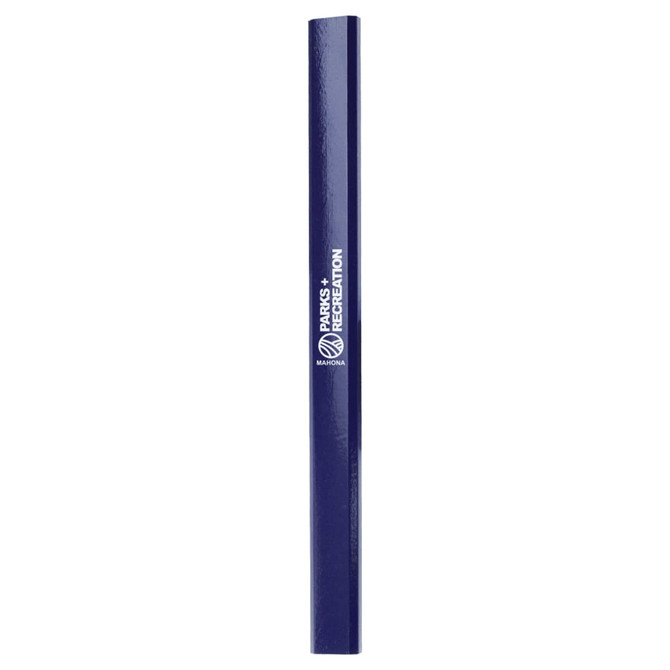 A grey-lead pencil with a glossy blue finish and a logo printed on its side.