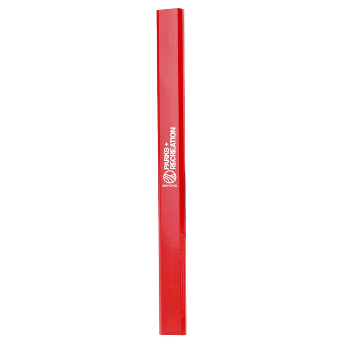 A red pencil with a logo on it, designed for writing and categorised as a grey-lead pencil.