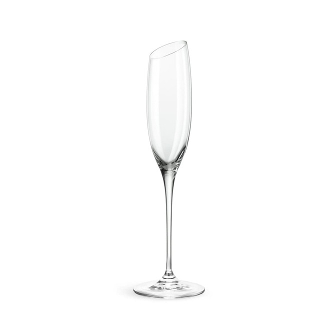 A slanted champagne glass with a clear, tall design featuring an elegant curved rim and a slim base.