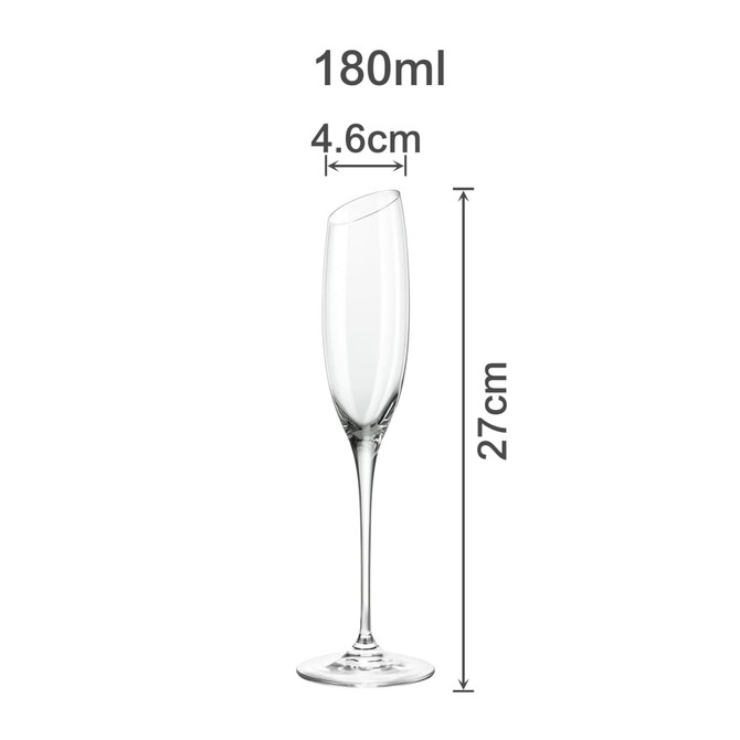 A slanted champagne glass in clear glass, measuring 27 cm tall and 4.6 cm wide, with a logo visible.